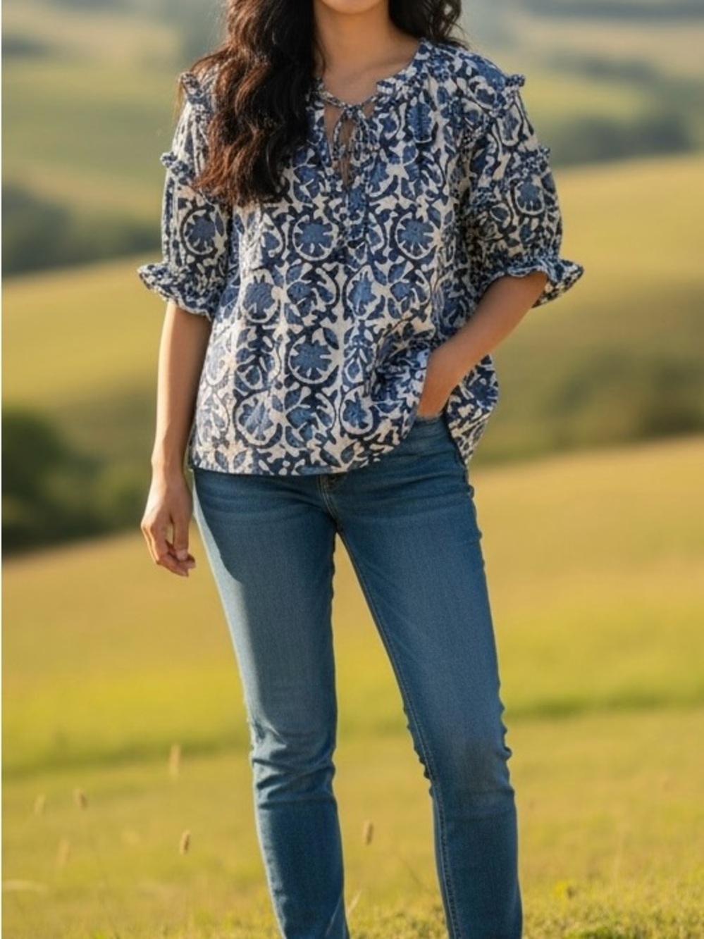 Blue and White Printed Tie-Neck Peasant Blouse - Picture 5 of 5